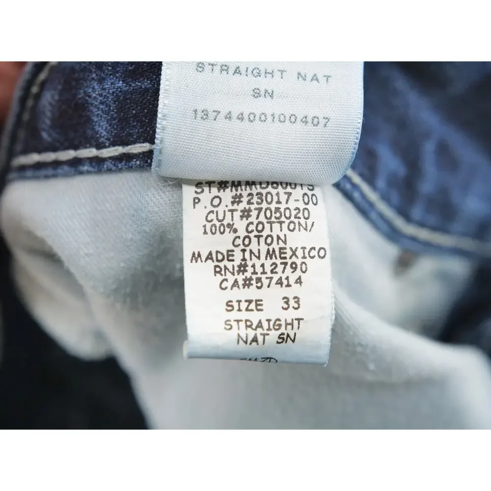 True Religion Straight Nat Jeans Men 33x34 MMD800TS Blue Thick Stitch Faded Wash